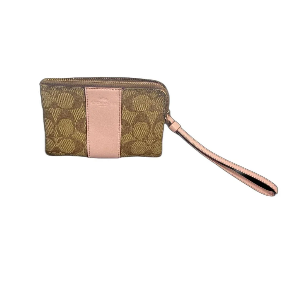 Coach Tan Signature Logo Wristlet Clutch Brown Leather Accents 6
